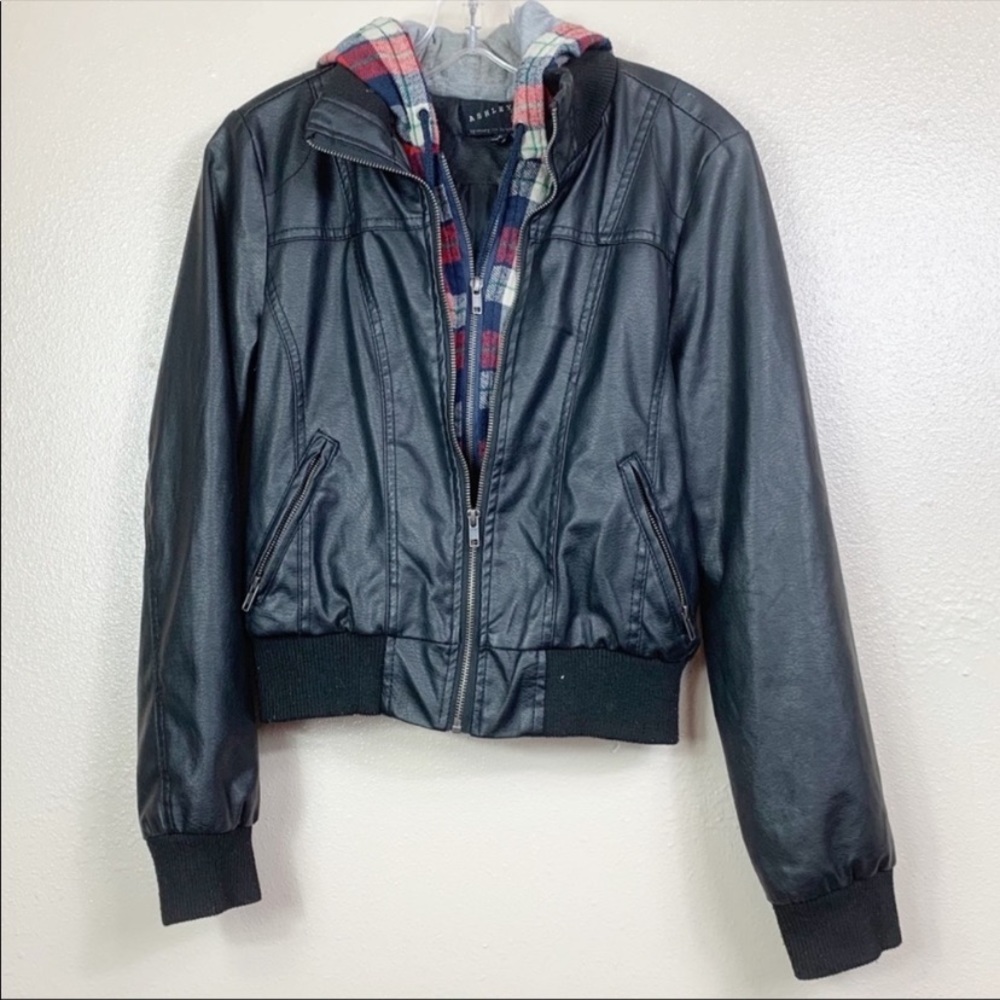 Faux Leather Jacket with Built in Hoodie